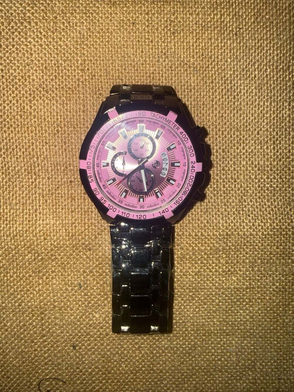 Unbranded Tachymeter Chronograph Watch Black Stainless Steel Pink Dial
